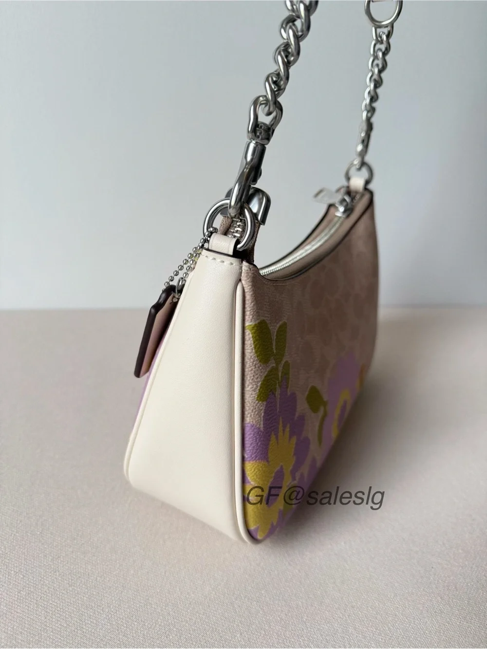 Coach Teri Shoulder Bag In Signature Floral Silver/Sand/Purple CBG73 NWT
